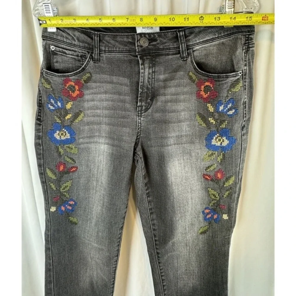 Kensie‎ Jeans Embroidered Floral Skinny Denim Pants Gray 10 Y2K Streetwear 63-23